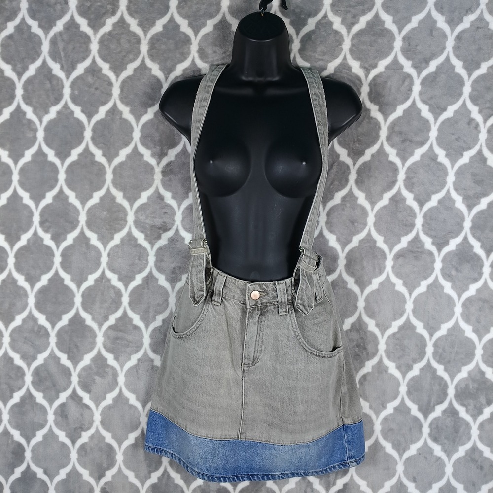 Guess Overall Skirt Womens 24 Gray Blue Two Tone Denim Mini Pinafore Dress